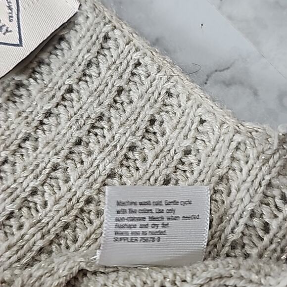 Womens Sz XL Tan Silver Metallic Thread Cable Knit V-neck Tunic Sweater - Picture 12 of 13